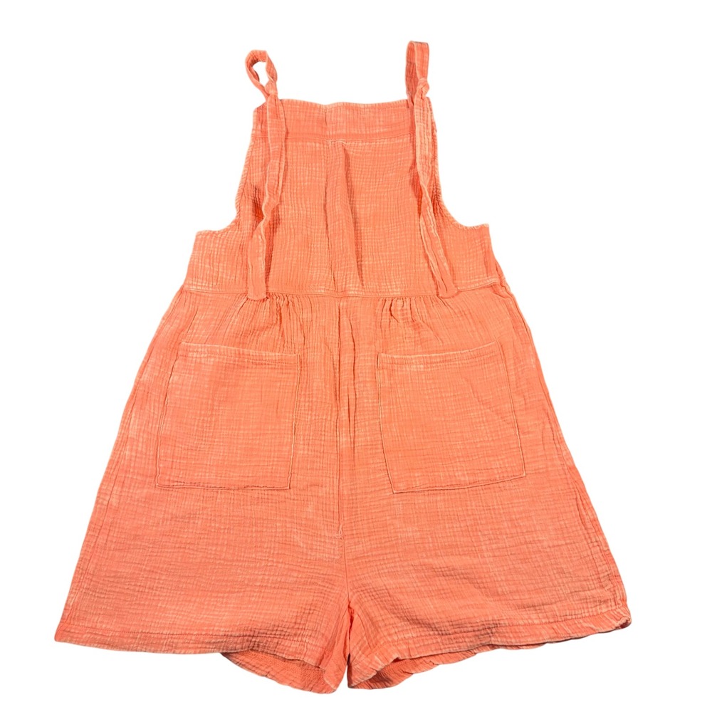 Zenana Coral Orange Gauze Cotton Shortall Romper Tie Strap Pockets M